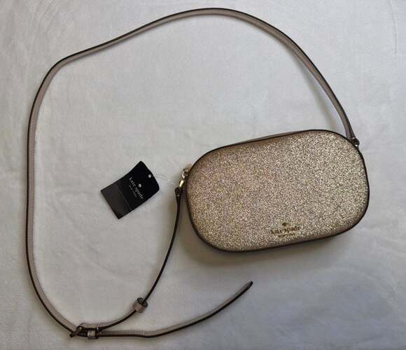 Kate Spade Glimmer Glitter Oval Camera Crossbody Bag in Gold - Picture 1 of 6